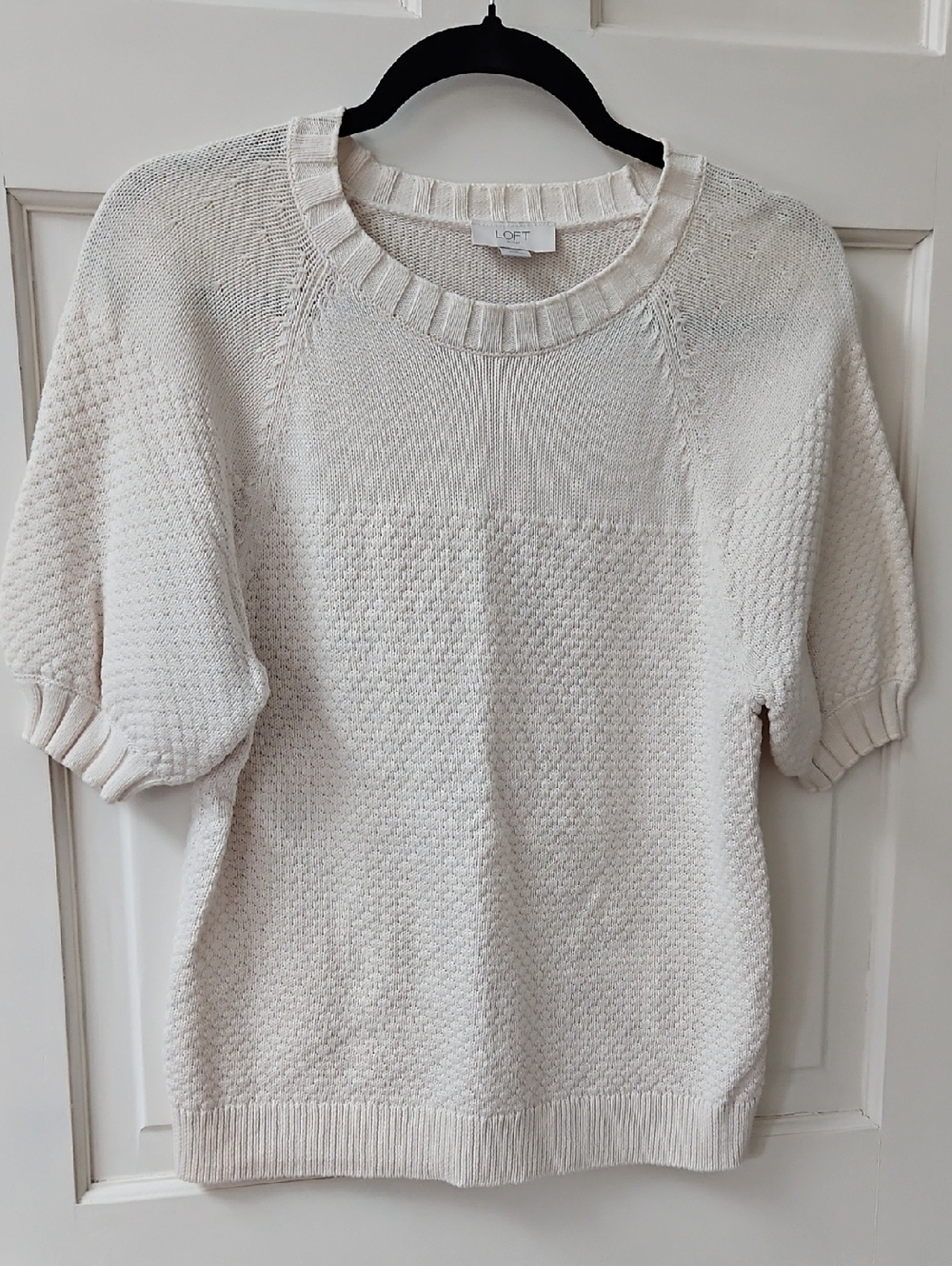 LOFT Cream Short-Sleeve Textured Crew Neck Sweater